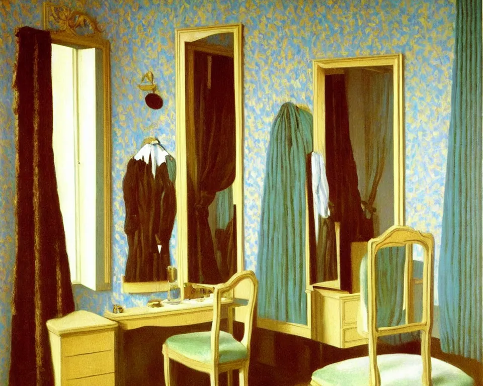 Image similar to achingly beautiful painting of a sophisticated, well - decorated dressing room by rene magritte, monet, and turner. whimsical.