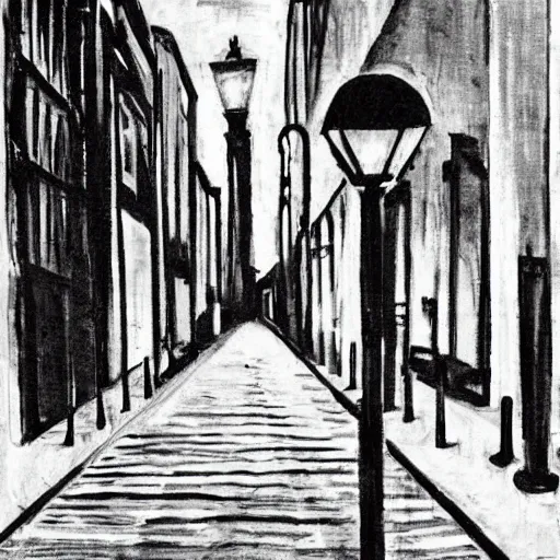 Prompt: a dark city street, streetlight, man walking, german expressionism