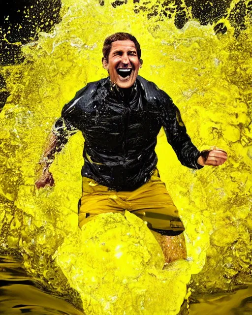 Prompt: ecstatic happy bear grylls with mouth open wearing yellow water as yellow water made of yellow water with the face of bear grylls, face splashing wave of yellow water, award winning stunning urine photography, extremely detailed, artstation, 8 k, sensual lighting, incredible art, wlop, artgerm