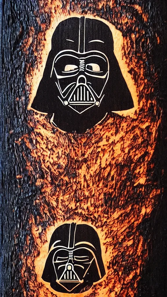 Prompt: a portrait of darth vader burned into a slice of a log. in the style of a wood burned etching. color harmony, 8 k detail, gallery quality, hd wallpaper, premium prints available, hyper - detailed, intricate design.