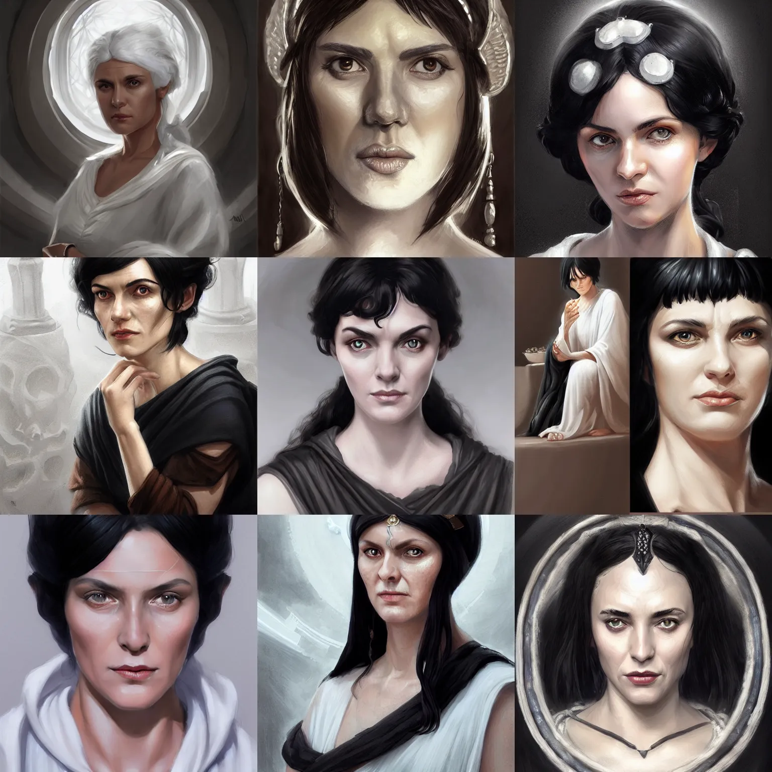 Image similar to hestia, helen mcrory, elderly greek hearth goddess, black hair, white tunic, d & d, fantasy, portrait, highly detailed, headshot, digital painting, trending on artstation, concept art, sharp focus, illustration, art by artgerm and greg rutkowski and magali villeneuve