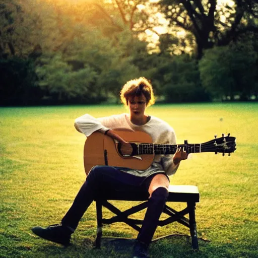 Image similar to 1 9 9 0 s candid 3 5 mm photo of a man sitting on a bench in a park playing guitar, cinematic lighting, cinematic look, golden hour, the clouds are epic and colorful with cinematic rays of light, photographed by petra collins, uhd