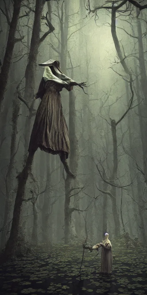 Prompt: a witch in the woods controls floating computer keyboards, magic surrealism, Beksinski, MC Escher, very coherent symmetrical artwork. cinematic, hyper realism, high detail, octane render, 8k