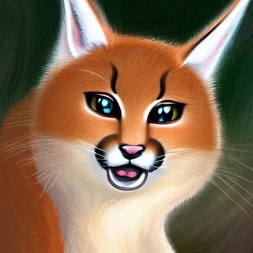 Image similar to cute fluffy caracal in pants, facing the camera, anime art style, portrait, high detail, sharp focus, digital painting, artstation, art by hayao miyazaki.