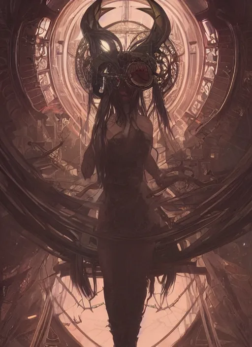 Image similar to a beautiful illustration of a cyberpunk witch with horns in head, intricate, sharp focus, illustration, highly detailed, digital painting, concept art, matte, art by wlop and artgerm and greg rutkowski and alphonse mucha, masterpiece