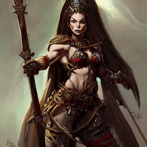 Image similar to warrior princess character portrait by frank frazetta - wearing ornate armor, holding a spear, striking a pose, fantasy, dungeons & dragons, sharp focus, beautiful, artstation contest winner, detailed