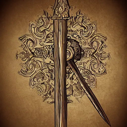 Image similar to an ornate wooden staff, fantasy illustration, medieval era, blank background, studio lighting, hand - drawn digital art