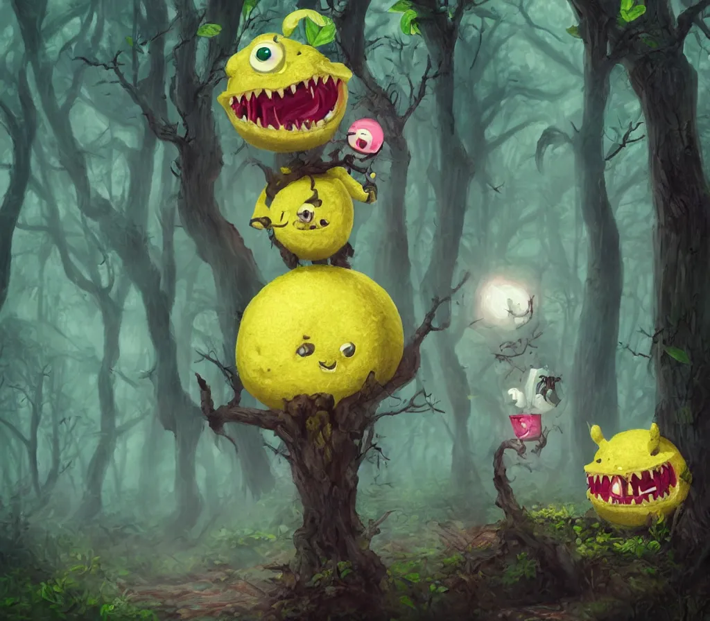 Prompt: a cute lemon monster with sharp teeth in a forest, heavenly, pastel, cute, dark, scary, eerie, trending on artstation, digital art.