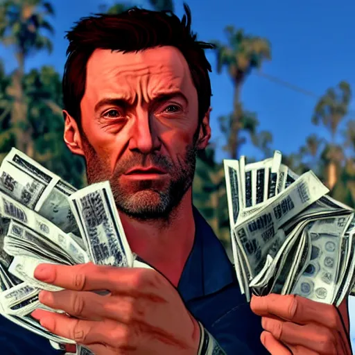 Prompt: action shot of hugh jackman in GTA V, GTA VI, at the club taking selfies with a pile of cash in the background, 8K, highly detailed, photo realistic