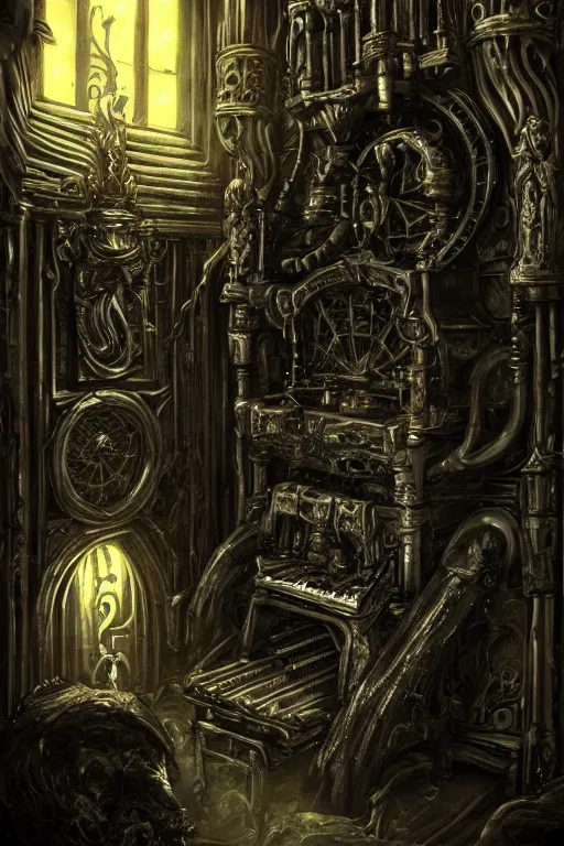 Image similar to ornate stone pipe organ drenched in black goop and machinery, lovecraftian, horror art, 4K, dark art, artstation, dramatic lighting,