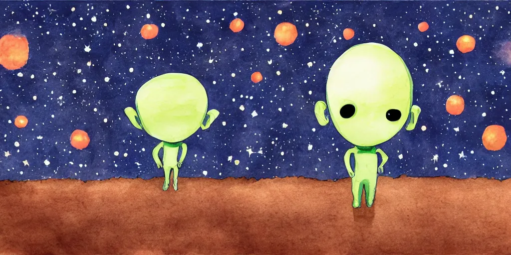 Image similar to a big head alien is watching a small people, background is starry sky, panorama, watercolor painting