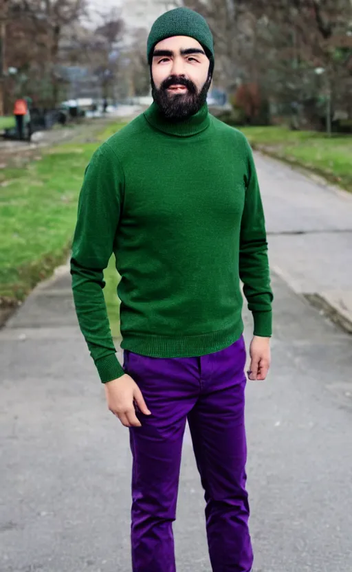 Prompt: a young man with a chin - style dark brown beard without mustache in a black cap, green turtleneck, purple pants and white sneakers in full height, perfect face