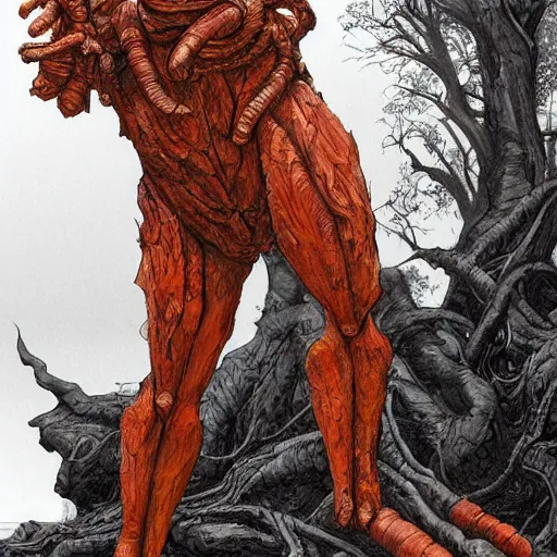 Image similar to by joao ruas jaunty carrot orange. a sculpture of a large, looming creature with a long, snake body. many large, sharp teeth, & eyes glow. wrapped around a large tree, bent under the weight. small figure in foreground, a sword, dwarfed by the size of the creature.