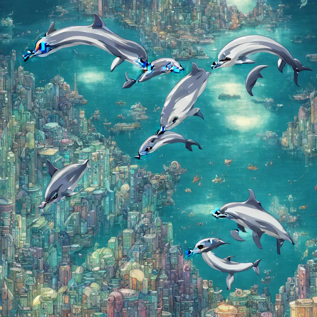 Image similar to a beautiful hyperdetailed character design 4 k wallpaper illustration of a cute dolphin, city by the sea, victo ngai cyberpunk style, from china, style of studio ghibli, makoto shinkai, raphael lacoste, louis comfort tiffany, artgerm, james jean, ross tran, chinese style