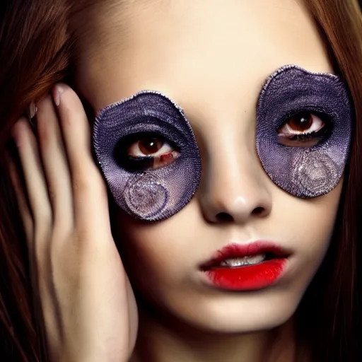 Image similar to girl with 5 eyes, fashion photo, detailed, realistic