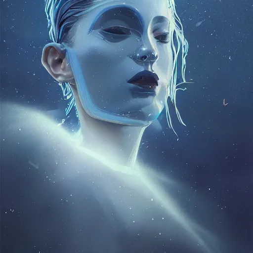 Prompt: sci - fi, close - up, 3 d, moon rays, night, sleepy fashion model face, cinematic, clouds, sun rays, vogue cover style, poster art, blue mood, realistic painting, intricate oil painting, high detail illustration, figurative art, multiple exposure, poster art, 3 d, by tooth wu and wlop and beeple and greg rutkowski