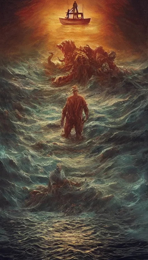 Image similar to man on boat crossing a body of water in hell with creatures in the water, sea of souls, by sam spratt