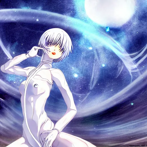 Image similar to Rei Ayanami female anime character, technological big shiny silver liquid chrome rings, inside an otherworldly planet, closed eyes, long silky thick gorgeous clean hair flowing on the wind, female goddess born from the cosmics, alternate universe, shot from the ground by Yoshiyuki Sadamoto, otherworldly experimental environment concept, digital art, trending on artstation, low level, 4K UHD image, octane render, Howl's Moving Castle, tranquil divine observer Nymph by ismail inceoglu nicola samori dragan bibin hans thoma greg rutkowski Alexandros Pyromallis Nekro, Jeffrey Smith, Surrealism, Rene Margitte illustrated, official anime key media, 8k, Sharp, zdzisław beksiński, highly detailed