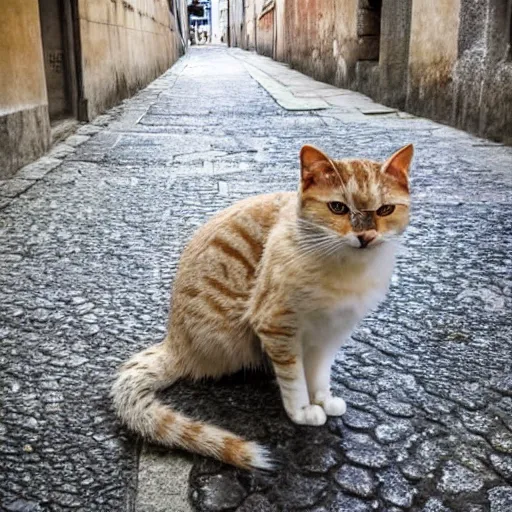 Prompt: Stray cat in the walled city