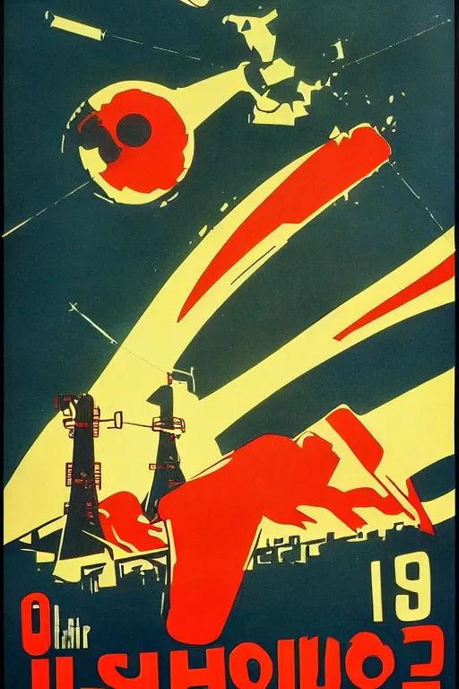 Image similar to ussr propaganda poster of 1 9 5 0 s nuclear war, futuristic design, dark, washed out color, centered, art deco, 1 9 5 0's futuristic, glowing highlights, intense