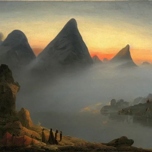 Prompt: pointy mountains with a village above the clouds, wooden platforms, tents, colors, misty clouds, sun at dawn, brutalism, painting by caspar david friedrich