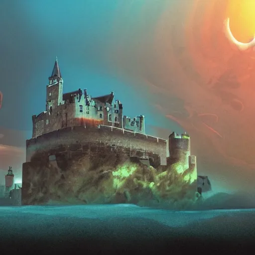 Image similar to underwater Edinburgh Castle, deep underwater, sunset, concept art in style of Greg Rutkowki, dynamic lighting, 4k, very highly detailed