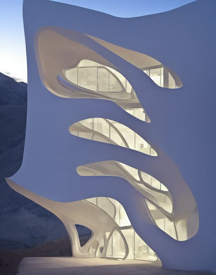 Image similar to zaha hadid 3 d construction printed house on the mountain, soft light, streetscapes stunning volumetric lighting sunset