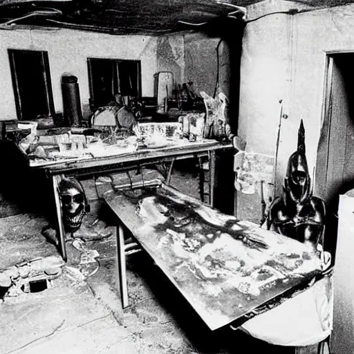 Prompt: underground secret laboratory with an alien body on the table, documentary photo from the 8 0 s, top secret