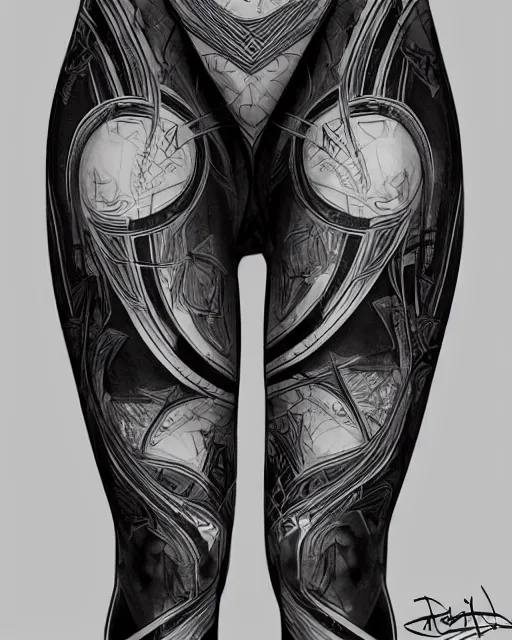 Image similar to Perfect leggings pattern imitating tattoos, focus on the pants, completely frontal and 100 percent symmetrical close-up on legs, highly detailed, digital painting, artstation, concept art, smooth, sharp focus, illustration, art by Artgerm and Hajime Sorayama