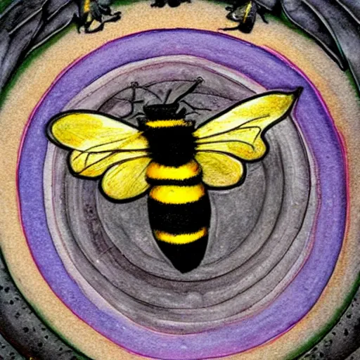 Image similar to a dark ritual spell with a bumblebee placed in the middle of a bloody bullseye, fantasy illustration