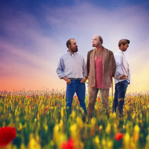 Image similar to a man is white and balding, and middle aged, and the other man is latino and skinny, together in a field of flowers at sunset, realistic, intricate, 4k