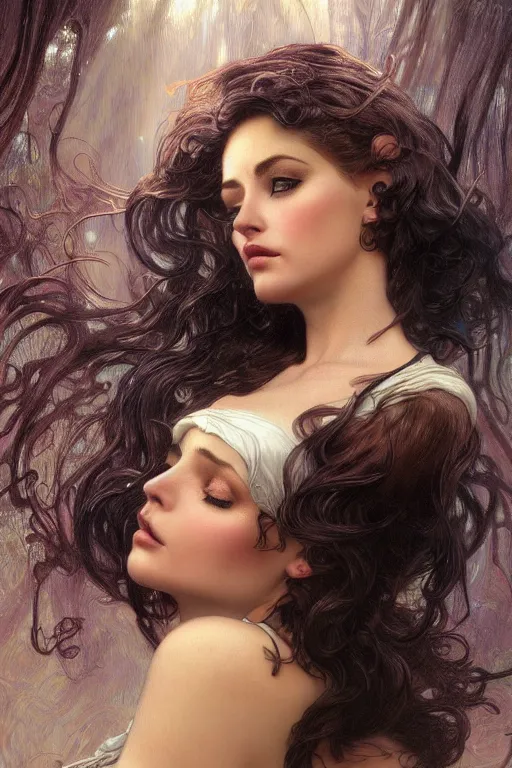 Image similar to realistic portrait of mata hair surrounded by veils, nge, dark fantasy, face closeup, intricate, highly detailed, digital painting, volumetric light, artstation, concept art, sharp focus, illustration, art by gil elvgren and greg rutkowski and luis royo, and alphonse mucha,