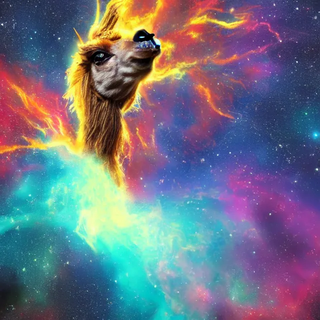 Image similar to llama with dreadlocks, depicted as an explosion of a nebula, 4 k, hyperrealistic painting