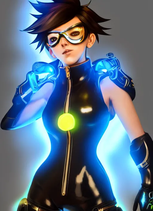 Image similar to full body digital artwork of tracer overwatch, wearing black iridescent rainbow latex, 4 k, expressive happy smug expression, makeup, in style of mark arian, wearing detailed black leather collar, wearing sleek armor, black leather harness, expressive detailed face and eyes,