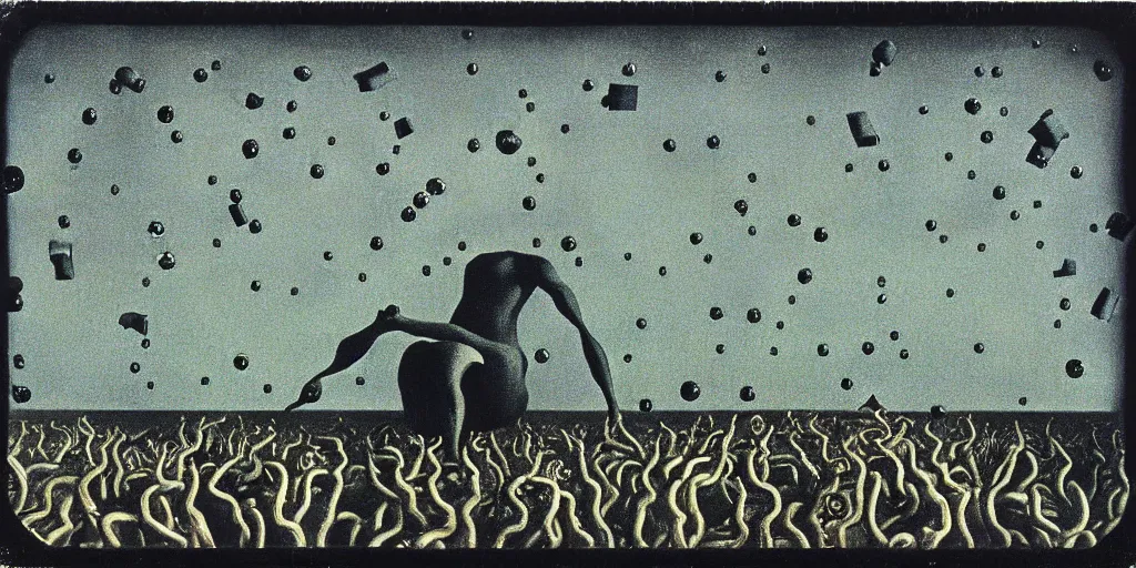 Image similar to Salvador Dali. Magritte. Hazy polaroid collage. black cubes made of metal, concrete, and slime falling from the sky. Dark ooze as figure, bright colored textured space as ground. POV photos from the apocalypse. 4000 ISO. Dali. Magritte. images that you are not supposed to see. Salvador Dali collage. Dusty, grimy, incomplete