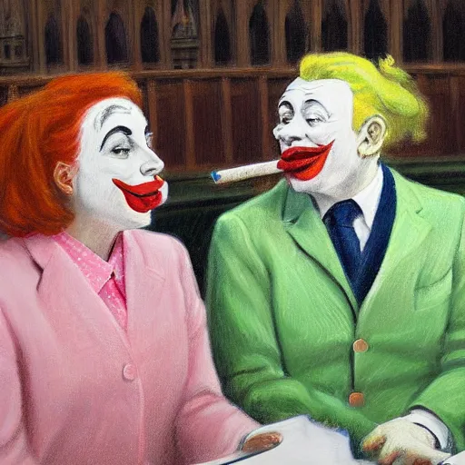 Image similar to a highly detailed beautiful portrait close up art painting of british members of parliament in the house of commons wearing pastel coloured clown costumes with pleasant oversized joyful faces, they are smoking. in the style of edward hopper, richard hamilton. concept art. green leather benches. photographic. concept. crisp digital art. no artefacts. desaturated. high fidelity facial portrait. 8 k