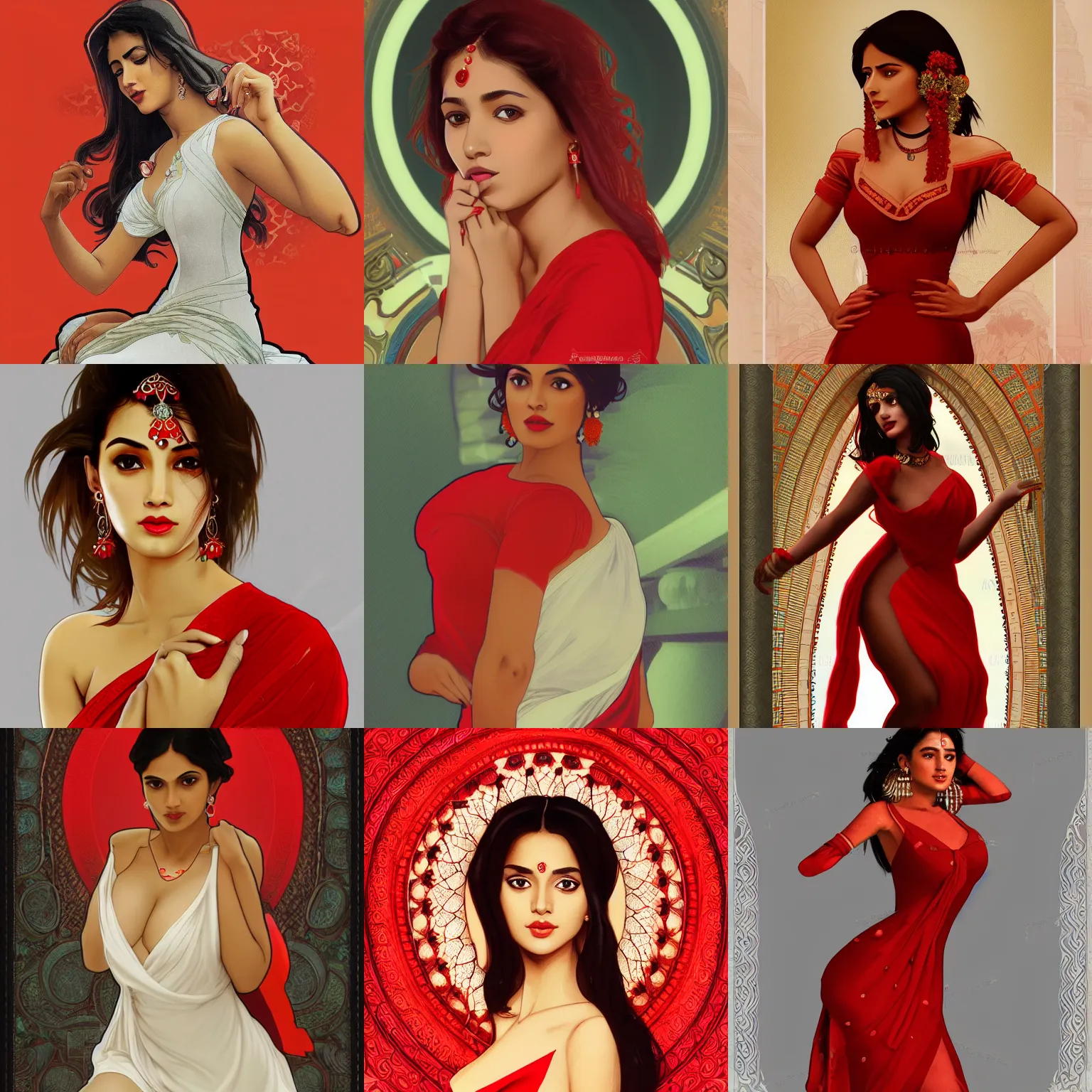 Prompt: sexy south asian woman in a red cutout dress with white trim, as seen on artgerm, octane render, in the style of alphonse mucha, ultra realistic, highly detailed, 8 k