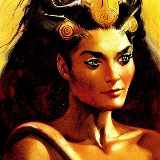 Image similar to a close up portrait of amazon, by frank frazetta, digital painting masterpiece, beautiful brush strokes, advanced lighting technology, symmetry