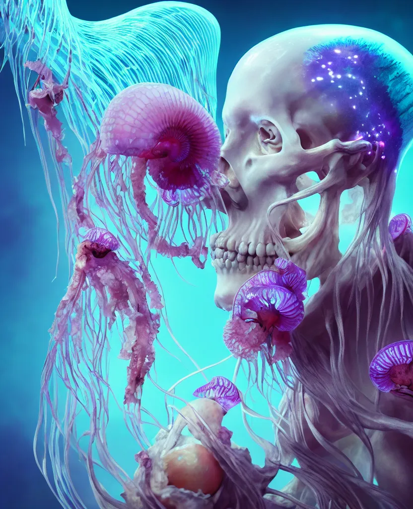 Image similar to goddess close-up portrait human skeleton, ram skull, jellyfish, orchid, betta fish, bioluminiscent, intricate artwork by Tooth Wu and wlop and beeple. octane render, trending on artstation, greg rutkowski very coherent symmetrical artwork. cinematic, hyper realism, high detail, octane render, 8k