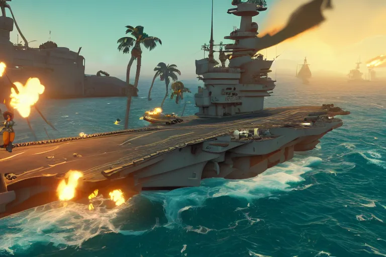 Image similar to Gameplay screenshot of an aircraft carrier!!! in Sea of Thieves!!! with jets bombing!!! a galleon, Unreal Engine