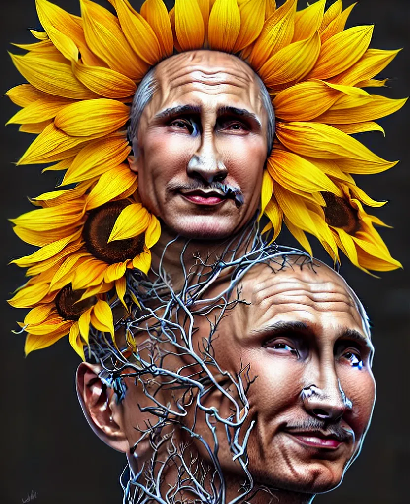 Image similar to digital art, centered full body of Putin smiling king, Sunflower crown, ,intricate, veins, by James Jean and by artgerm , by ross tran ultradetailed, charachter design, concept art, trending on artstation,