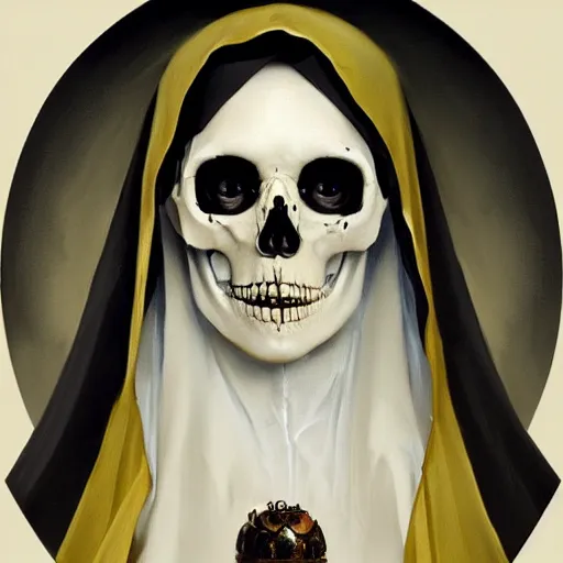 Image similar to painting of the virgin mary skull face by greg rutkowski and jc leyendecker