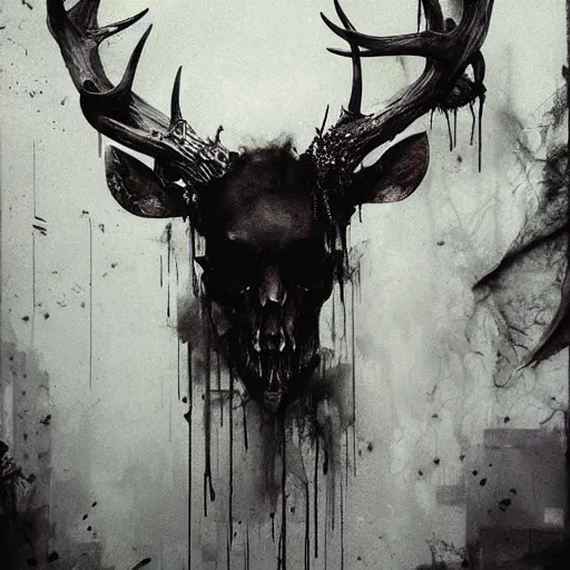 Prompt: lehsen with deer skull deer antlers by emil melmoth zdzislaw belsinki craig mullins yoji shinkawa realistic render ominous detailed photo atmospheric by jeremy mann francis bacon and agnes cecile ink drips paint smears digital glitches glitchart