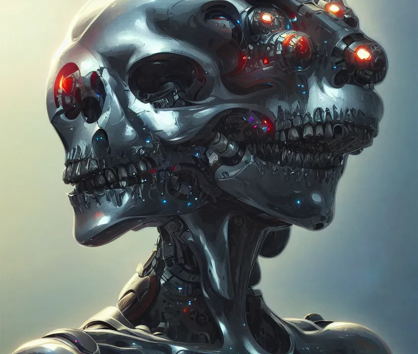 Prompt: Cyborg skull front view, sci-fi, highly detailed, digital painting, artstation, concept art, smooth, sharp focus, illustration, art by artgerm and greg rutkowski and alphonse mucha