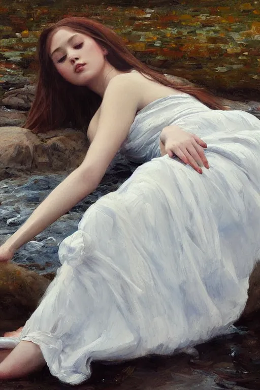 Prompt: a painting of a girl in a white dress, laying on her back in a river, ophelia, an oil painting by artgerm, jeremy lipking,, behance contest winner, figurative art, detailed painting, oil on canvas, pre - raphaelite