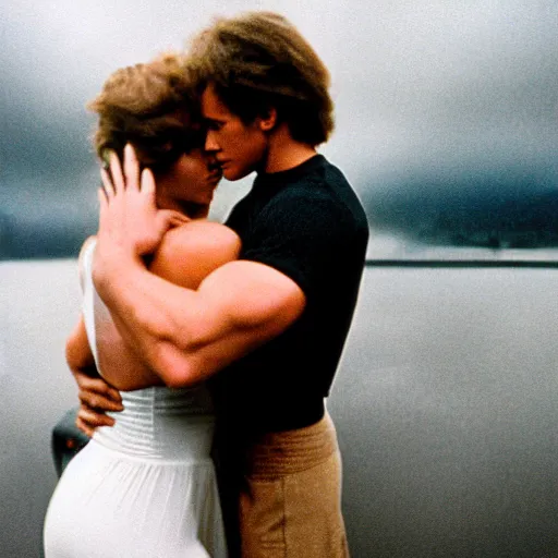 Image similar to portrait shot of young arnold schwarzenegger holding tight in love dancing in the rain with jennifer lawrence beautiful white wet dress, 5 0 mm kodak, beautiful light, best lense, 9 0 s romantic comedy, 4 k