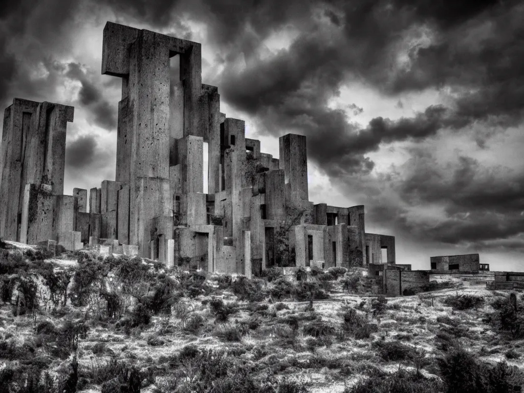 Image similar to photo of a brutalist cathedral built over a rocky hill, in the middle of a storm. realistic clouds. impressive, magical, very atmospheric, cinematic, deep, very high complexity, stunning, dramatic masterpiece, chiaroscuro, romantic, very detailed. 4 k