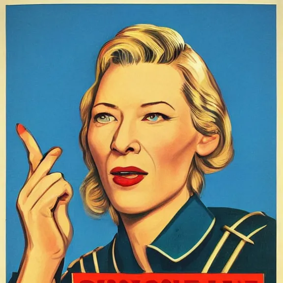 Image similar to soviet propaganda poster with cate blanchett calling on the world community to fight against Nazism, Ultra Detailed, high resolution, soviet realism