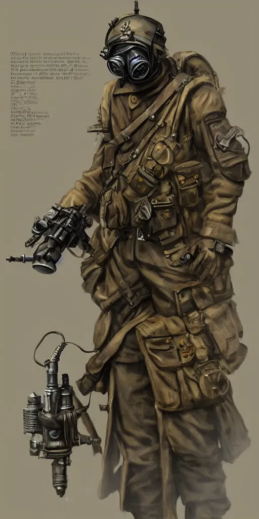 Prompt: dieselpunk soldier concept art, games workshop, world war one, gas mask by karl kopinski