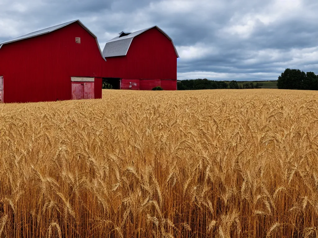 Image similar to A single isolated old red barn next to a wheat crop at the bottom of a cliff at noon. Award winning photography, wide shot, surreal, dreamlike.